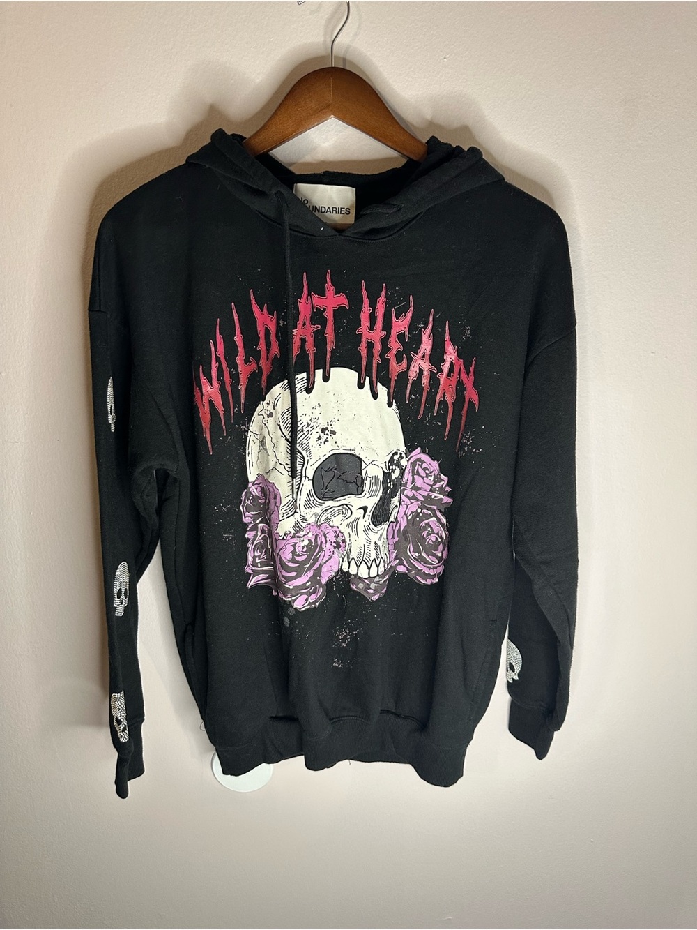 Black "Wild At Heart" Skull Hoodie with Pink Roses